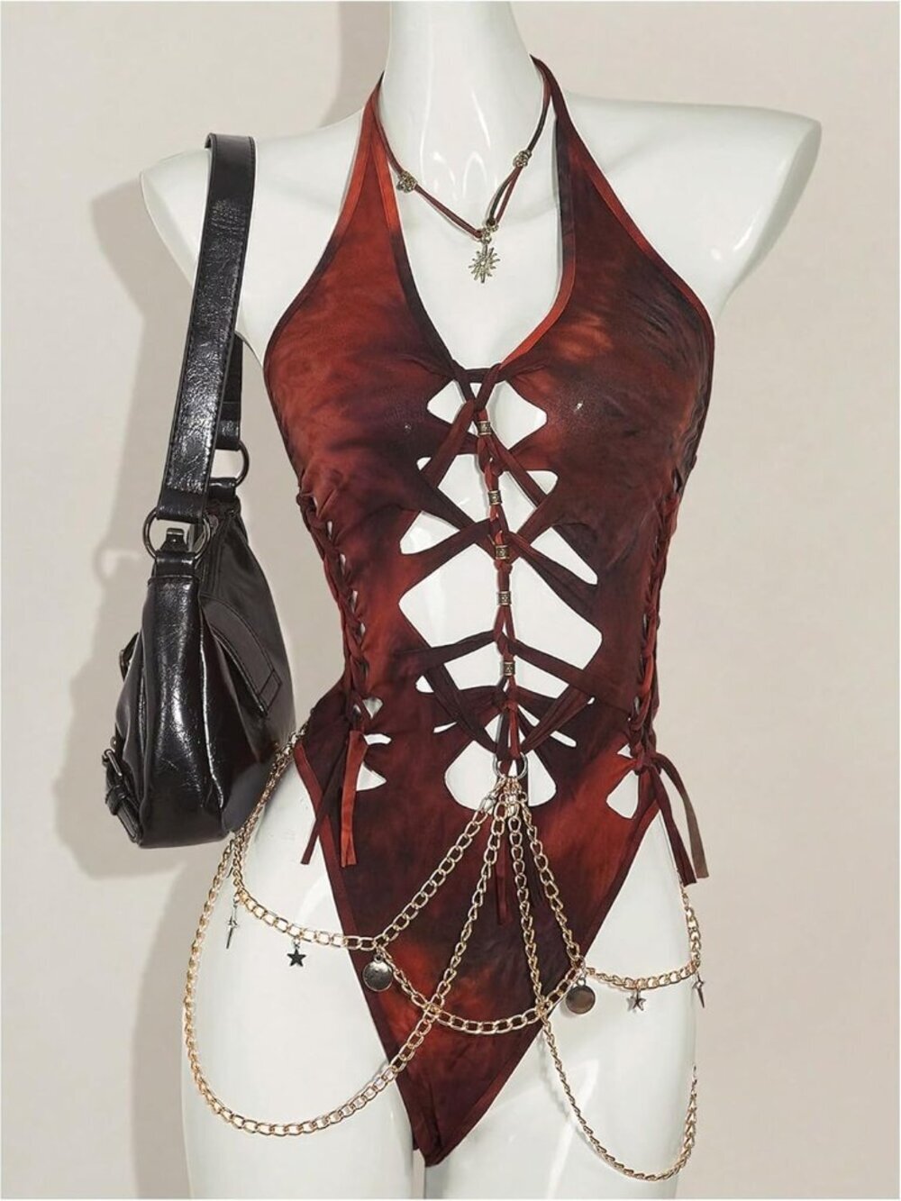 Women's Rust Brown Gothic Cut Out Lace Up Bodysuit Going Out Halter Neck Rave - Picture 5 of 5